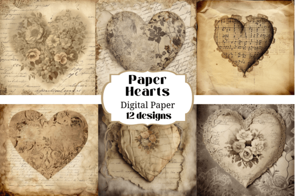 12 Paper Valentine Hearts Backgrounds for Digital Crafts