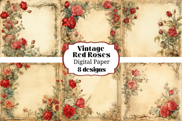 8 Vintage Red Roses Journal Backgrounds for Scrapbooking & Crafts